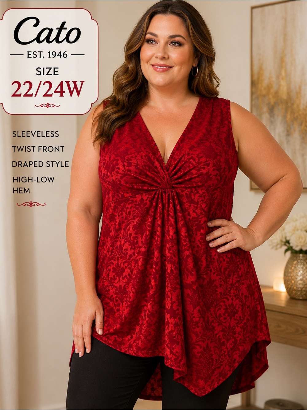 Cato Red Damask Twist Front Plus Size Tunic Top 22/24W